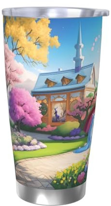 FInpan Tazza termica in acciaio inox con unicorno fiaba, 550 ml, tazza da caffè per auto, riutilizzabile, con cannuccia e coperchio, senza cannuccia