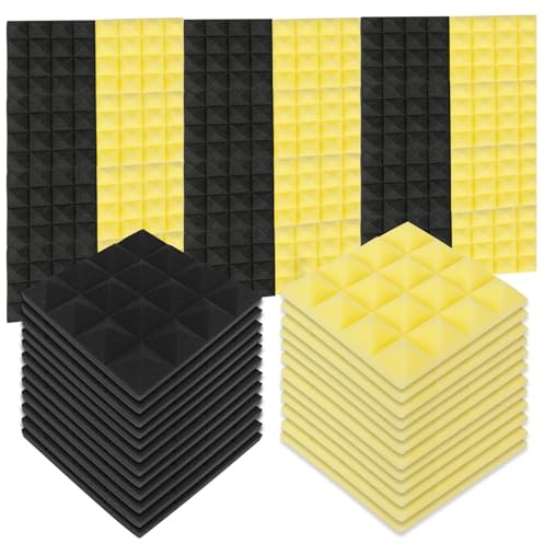 24 Stück Akustikschaumstoff Akustikpaneele Schalldämmung Schallschutzmatte Schallschutz Wand Pyramide Geräuschdämmung für Aufnahmestudio Büro Haus (Schwarz+Gelb, 25 * 25 * 5cm)