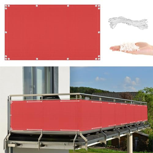 AYLFBFU Balkon Sichtschutz 0.9 x 10m 100% Polyester-Oxford 96% Beschattungsgrad, Garten Sichtschutz für die Seite Garten Balkon Zaun Terrassen, mit Ösen und Kabelbinder, Rot