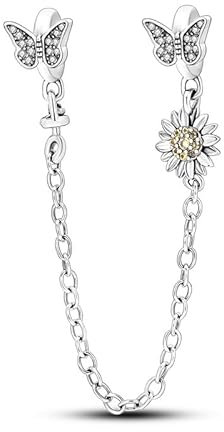 Sunflower Butterfly Safety Chain Dog Cat Lucky Charm Bead Pendant 925 Sterling Silver Compatible With Pandora Charm Moments Bracelet (Butterfly Sunflower Safety Chain Love)