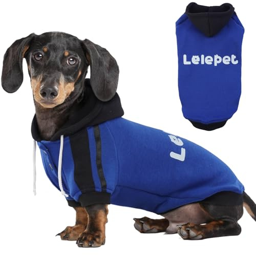 Lelepet Sweat à capuche en polaire de coton chaud avec imprimé LeLePet pour chiens teckels - Vêtement d'hiver doux pour chiens - Bleu - Taille M
