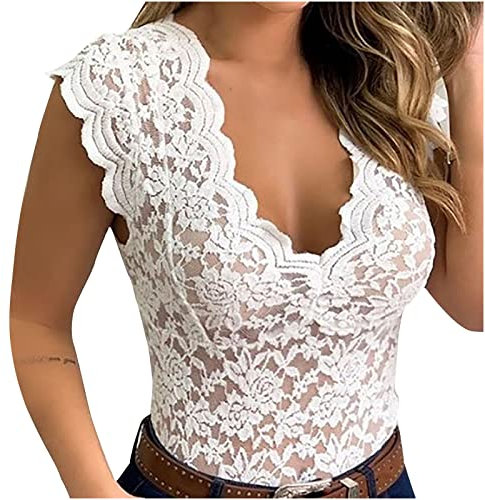 Camiseta sin Mangas Mujer Sexy Crop Top Cuello en V Encaje Verano Tank Tops Moda Casual Corto Chaleco Elegante Camisola Básicas Camistas Deportivo Playa Yoga 2024