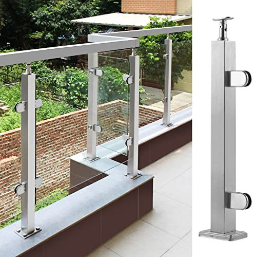 DLAZUM Glasgeländerpfosten/-klemme für Außenbalkon, Terrasse, Dach, Theke mit Beschlagsatz, winkelverstellbarer Verbinder für runden/quadratischen Handlauf, Silber (Endpfosten - 65 cm)