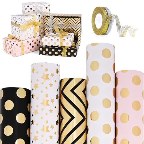 Geschenkpapier Set 5 Rollen 300 x 43cm Geschenkpapier Geburtstag Geschenkpapier Schwarz Weiß GoldGeschenkpapierrolle mit Schleifenband für Geburtstag Weihnachten Hochzeit Party Geschenkdekoration