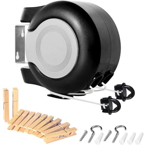 Filo stendibiancheria retrattile, lunghezza 30 m, estensibile in plastica e polivinile, ideale per interni ed esterni, colore: nero