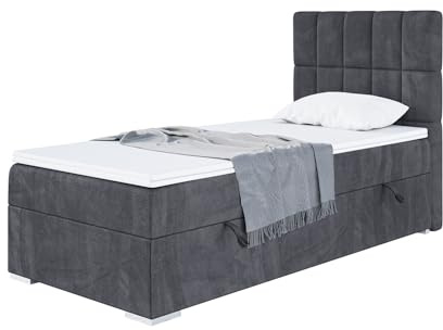 MEBLINI Boxspringbett mit Bettkasten - Gepolstert Einzelbett mit Matratze und Topper - Polsterbett mit Stauraum - Bett mit Kopfteil - Stauraumbett - Lukas - 90x200 Rechts - H3/Dunkelgrau Samt