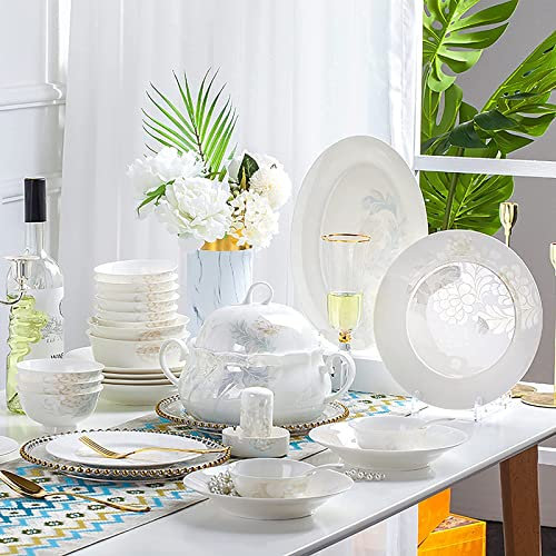 Juego de vajilla de 64 piezas, vajilla de porcelana blanca para el hogar, cocina, vajilla de porcelana china con cuencos redondos, platos, ollas para sopa, servicio para 12 personas, apto para lavav