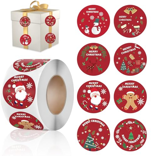 Weihnachtssticker, 500 Stück Aufkleber Weihnachten, Frohe Rolle Rund 25mm Sticker Weihnachten, Weihnachtsaufkleber Selbstklebend, Deko Aufkleber für Weihnachtskarten Geschenktüten Weihnachtsetiketten