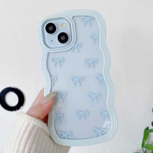 QLTYPRI Bow Case for iPhone 15, Clear Cute Ribbon Bow Phone Case Curly Wavy Aesthetic Phone Case, Slim Soft Transparent Shockproof Protective Cover for Women Girls - Light Blue