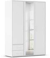 Rauch Möbel Hamilton, Kleiderschrank, Schrank, Garderobe, Organizer, 3-türig, mit Spiegel, 2 Schubladen für mehr Stauraum, Farbe Weiß, Stangengriff Weiß, 140x194x54cm