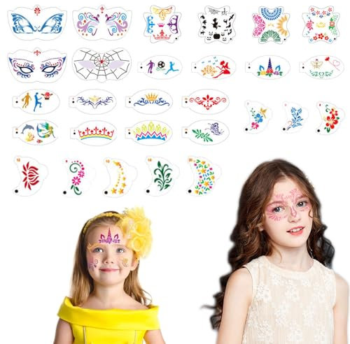 CUVZORA Tattoo Schablone, 28 Sheets Wiederverwendbare Gesichtsfarbe Schablonen Kit, Kreativität Tattoo Schablone für Halloween Schminke Partys für Kinder Erwachsene Party Fasching Weihnachten