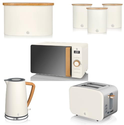 Swan Nordic Cotton White 1.7L Jug Kettle, 2 Slice Toaster, 800W 20L Microwave, Bread Bin and Tea, Coffee, Sugar Canisters. Scandinavian Inspired Design Matching Kitchen Set of 7 in Cotton White