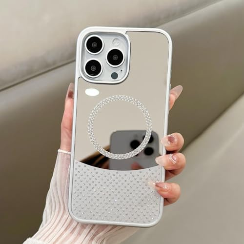 RNOZX Für iPhone 15, Hülle mit Farbiger Spiegelfolie und Schmucksteinen, kabellose Ladehülle (für iPhone 15/Silber)