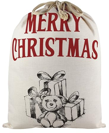 Childrens Christmas Santa Sack, Reusable Fabric Stocking Bag for Xmas Gifts with Drawstring Ties - Teddy Bear