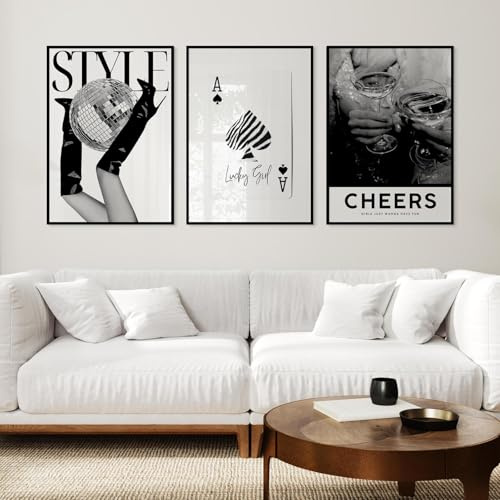 Xiyocadt 3er Poster Set, Moderne Trendiger Schwarz Weiß Leinwanddruck, Cocktai Disco Pik Ass Cheers Wandbilder Poster, für Schlafzimmer Wohnzimmer Deko, Ohne Rahmen (30x40cm)