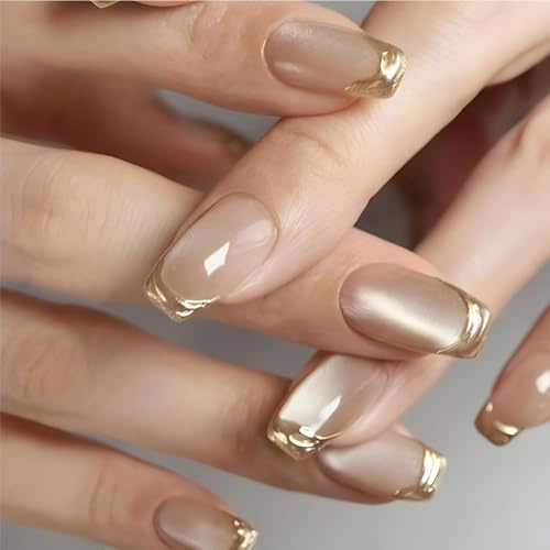 Tupenofif 24 Pièces Ongles Pressés en Chrome Nude Or, Ongles Artificiels Métalliques à Colle, Moyenne Longueur Carrée Effet Gel UV Set d'Ongles avec Patchs en Gelée & Lime