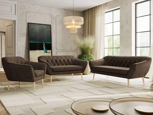 MKS MEBLE Sofagarnitur PIRS 3 + 2 + 1 - Couchgarnitur im skandinavischen Design, Gesteppte Polsterung, Wellenfederung, Wohnzimmer Sofa Set - Buche Beine, Braun Velvet