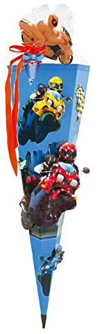 PRIMUS-Versand MOTORRAD RENNEN - CROSSRIDER Schultüte 85cm 3D-SCHNELL BASTELTÜTE vorgefertigt stabiler Tütenkorpus KOMPLETT MIT SCHULTÜTENSCHMUCK-SET - Blau