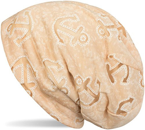 styleBREAKER Beanie Mütze im maritimen Anker Seil Print Look, Slouch Longbeanie, Unisex 04024082, Farbe:Apricot-Beige