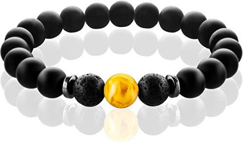 FABACH Chakra Perlenarmband mit 8mm Amber-Perle, Lavastein und Onyx-Naturstein (schwarz) - Yoga Armband aus Heilsteinen - Energiearmband für Damen und Herren