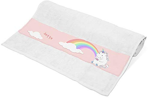 Handtuch mit Namen Jette und Einhorn-Motiv mit Regenbogen und Donut | Kinder-Handtuch Bedruckt | Farbe: Weiß | 50 x 100cm