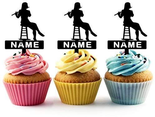 Innovedesire Personalized Name Female Flute Player Silhouette Party Wedding Birthday Acrylic Cupcake Toppers Decor 10 pcs