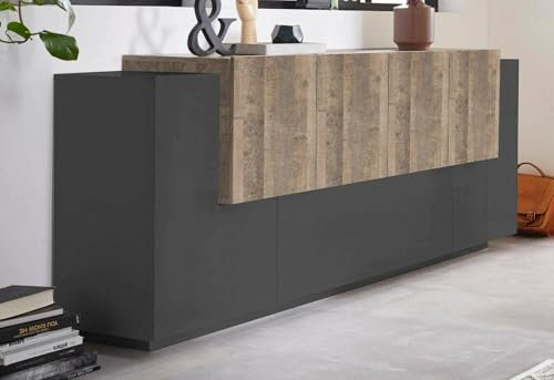 Dmora - Kommode Gennaro, Küchen-Sideboard mit 7 Türen, Wohnzimmer-Buffet, Küchen-Sideboard, 100% Made in Italy, 200 x 45 x 86 cm, Anthrazit und Ahorn