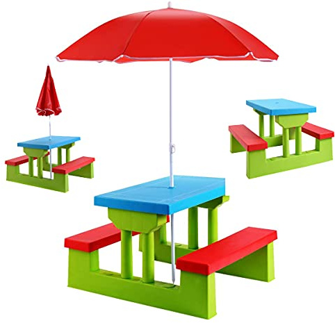 RELAX4LIFE Sitzgruppe Kinder, Sitzgarnitur Outdoor, Kindermöbel mit Sonnenschirm, Kindertisch Inkl. 2 Bänke, Picknickbank PP Wetterfest, Einfacher Auf- und Abbau, für bis 4 Kinder (Grün)