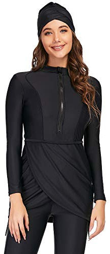 seafanny Women Muslim Swimwear Long Sleeve Burkini Full Cover Hijab Modest Swimsuit (Black, 6-8)
