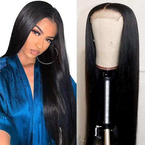 PORSMEER Lace Front Perücken Schwarz Lange Glatt Perrücke für Frauen Afro Natürlich Synthetisches Haar Mittelteil Glueless Volle Wig Party/Kostüm