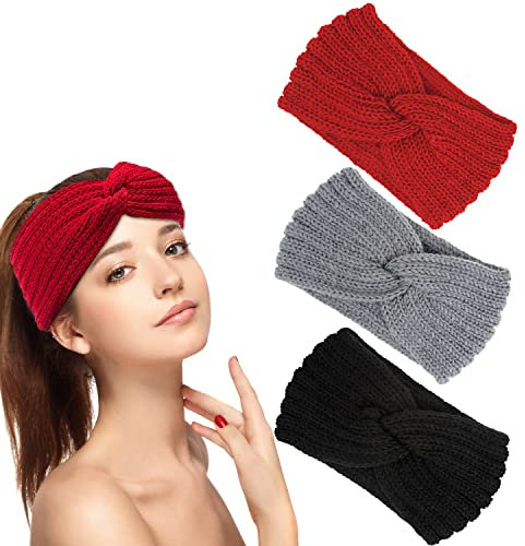 Stirnband Damen Winter, 3 Stück Stirnbänder Strick, Haarbänder Mädchen, Haarband Ohrenwärmer Elastische, Kopfband Stirnband Frauen (Schwarz, Grau und Rot)