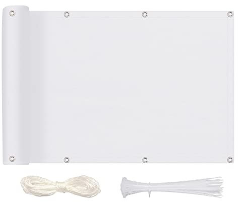 MEEYI Sichtschutz Balkon Sichtschutz 70x650cm, Balkonabdeckung Blickdichte Wind- und UV-Schutz Wetterfest 100% Privatsphäre Balkonsichtschutz mit Ösen, Nylon Kabelbinder und Kordel, Weiß