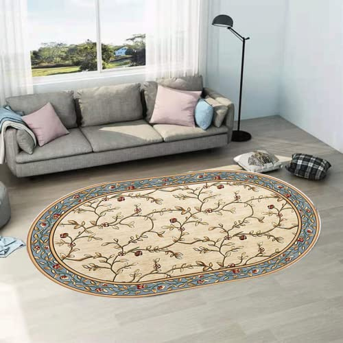 makeups1 Oval Kurzflor-Designer Teppich extra weich Wohnzimmer, Schlafzimmer, Esszimmer rutschfest Waschbar Teppiche, Vintage Blumenmuster Beige, 90 x 160 cm