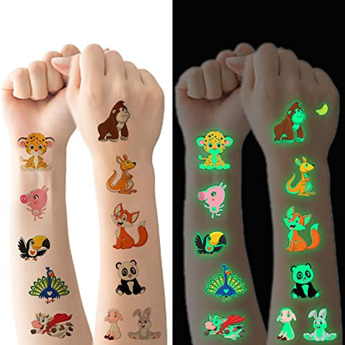 Tattoo Kinder, 10 Blätter Leuchtendes Tierwelt Temporäre Tattoos Set, Leuchten im Dunkeln Wasserdichte Hautfreundliche Kindertattoos, Geburtstagsparty Dekoration Zubehör für Kindergeburtstag Mitgebsel