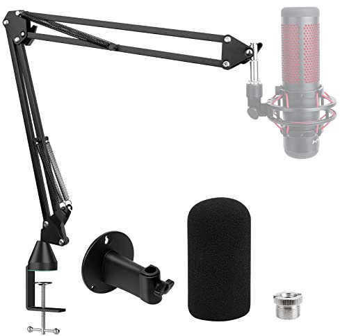 SUNMON Microphone Stand with Wall Mount Holder, Boom Arm & Pop Filter for HyperX QuadCast, Aluminium, Black