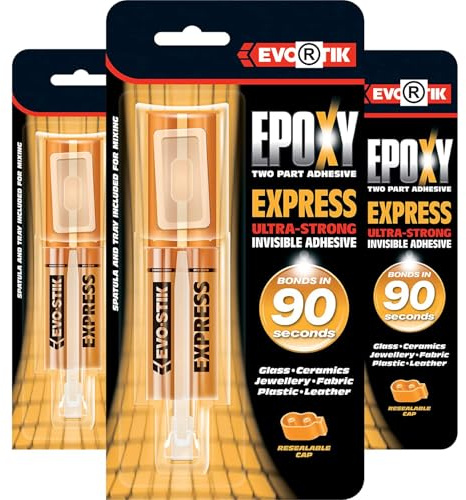3 x Evo Stik 25ml Epoxy 2 Part Invisible Adhesive | Ultra Strong, Bonds in 90s, Water-Resistant | Ideal for Glass, Ceramics, Leather, Fabric & Plastic