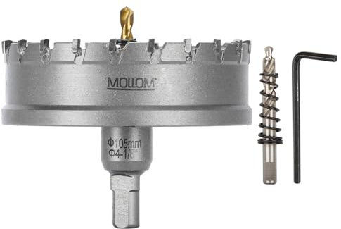 Mollom (105mm | 4-1/8) Scie cloche en carbure pour usage intensif avec 2 forets pilotes, coupe l'acier inoxydable, l'acier doux, le fer, le cuivre, le laiton et le plastique.