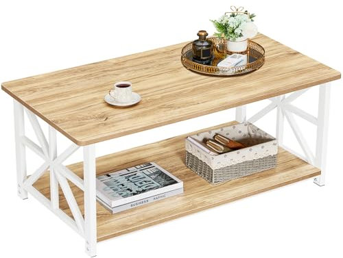 GreenForest Couchtisch mit Stauraum, 100 cm Wohnzimmertisch mit Runder Ecke, Stabiler Sofatisch aus Holz und Metall, Kaffeetisch mit Regal, Rustikales Design, Eiche