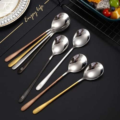 Cuchara de té 8 piezas Vajilla de mango largo Cuchara para mezclar café, Helado de acero inoxidable Postre Ensalada Cucharas Cucharillas de camping Cubiertos para cocina Cucharas de café little