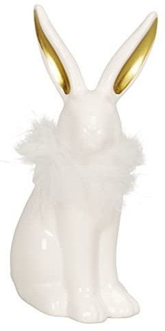 Posiwio putziger hockender Osterhase weiß mit goldenen Ohren und weißem Federkragen ca. 18 cm hoch