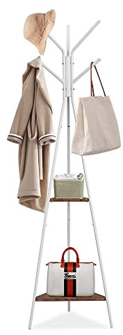 Metal Coat Stand Rack Free Standing Hall Tree Coat Hanger with 2 Shelves for Hallway Bedroom Living Room (White)