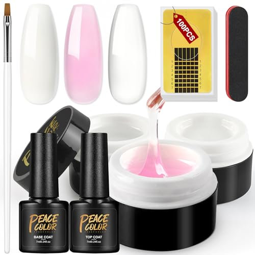 PEACECOLOR Builder Nail Gel Kit 3 Basic Colors Clear Pink White Nail Extension Gel Kit for Nails Starter Kit Base Top Coat Gel Nail Kit Nail Strengthen Gel with Brush 100Pcs Nail Forms Nail Art Home