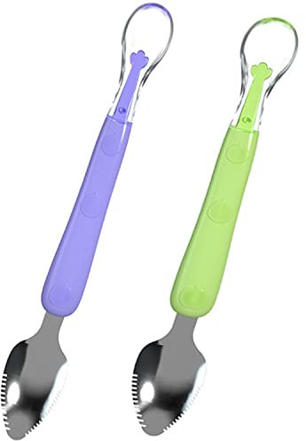 2PCS Cuchara Bebe Silicona, Cucharas Bebe 6 Meses Arriba Alimentación Complementaria Sin Bpa Raspar Fruta Se Adapta a La Boca Del Bebé Apto Para Microondas, Lavavajillas y Congelador (Verde Púrpura)