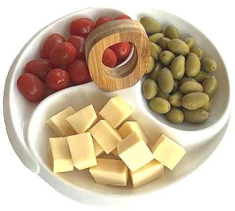 Vessia Plato para aperitivos con compartimentos, porcelana blanca, con mango de bambú, cuenco para servir aperitivos, plato para servir, tapas, antipasti, frutas, frutos secos, patatas fritas y salsas