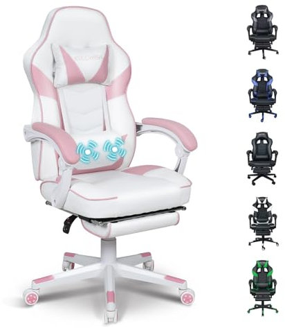 Fullwatt Gaming Stuhl, Bürostuhl Ergonomisch Racing Stuhl Massage Gamingstuhl mit Fußstütze 90-150° Rückenlehne Verstellbar, mit Abnehmbare Kopfstütze Lendenkissen, PU Leder Rosa