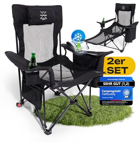 Faltbuddy® 2er Set Campingstuhl faltbar & Campingliege 2in1 180Kg [XXL Kühltasche] Kleines Packmaß I Anglerstuhl Campingsessel Strandliege klappbar leicht Sonnenstuhl - Zelten Strand Festival Outdoor