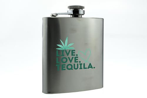 'Live, Love, Tequila' Stainless Steel Liquor Flask – Full Colour Hipflask for Travel Accessories for Men, Fathers, Dad, & Grandad – Perfect for Christmas or Birthdays