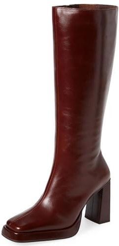 Dsevht Dunkelrote kniehohe Lederstiefel für Damen, Plateau, klobiger Blockabsatz, Burgunderrot, quadratischer Zehenbereich und seitlicher Reißverschluss, modisches Kleid der 70er Jahre Gogo-Stiefel,