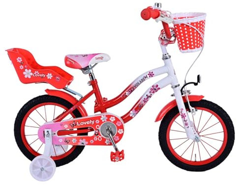 Volare Lovely 14 Zoll Kinderfahrrad rot/weiß mit Hand- und Rücktrittbremse, Stützrädern und Korb