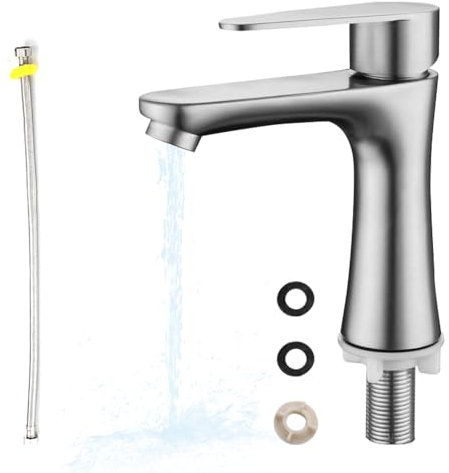 FENGQ Mitigeur Lavabo, Robinet de Salle de Bain Eau Froide Uniquement, Robinetterie Toilettes Invités avec 60CM Tuyau de Raccordement, Cartouche Céramique Mousseur, pour WC, Salle Bain